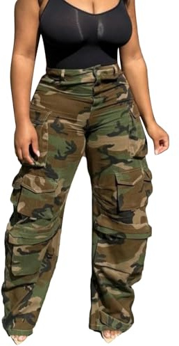 LKOUS Women’s Cargo Baggy Straight Jeans Streetwear Y2K High Waist Wide Leg Denim Pants with Multiple Pockets Camo