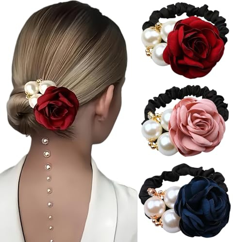 Ypkia 3 pezzi fiore elastici per capelli con perle da donna sottili elastici elastici per scrunchies coda di cavallo supporto per donne ragazze