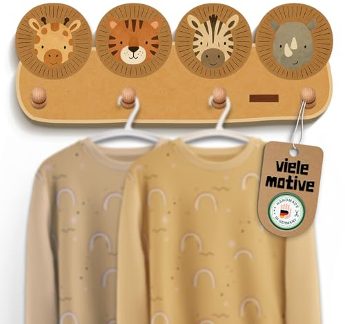 Kindergardroben mit 4 Haken - Wandgarderobe mit Tiermotiven für Kinderzimmer - Garderobenhaken aus Holz - Kinder Garderobe „skady“ zum bohren - Kleiderhaken aus Buche - Maße ca. 39 x 15 x 5cm