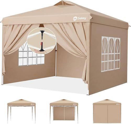 Sekey Pop Up Pavillon 3x3 Wasserdicht Stabil Winterfest, Faltpavillon 3 x 3 m, Camping Pavillion Faltbar Partyzelt mit Seitenwänden, Höhe Verstellbar in 3 Stufen, (Khaki, Höhe 260)