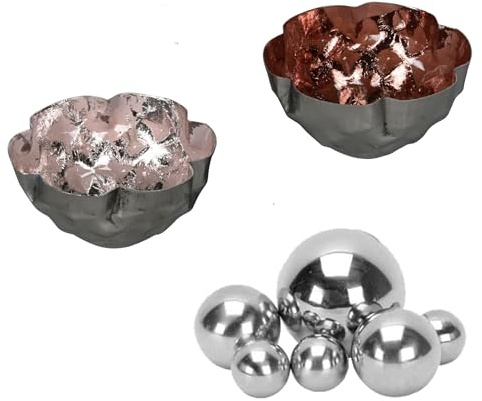 8tlg. Miniteich Set - 2 Schwimmschalen Rosa 8cm - 5cm und 6 Edelstahl Schwimmkugeln Silber - Teichdeko schwimmend für Balkonteich - Zinkwanne - Deko für Wasserspiele -Gartenteich