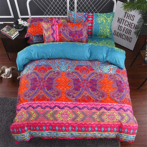 King Size Bohemian Duvet Cover Red and Blue Colorful Boho Bedding Set with 2 Pillowcases Soft Microfiber Moroccan Bed Cover 220cm X 230cm