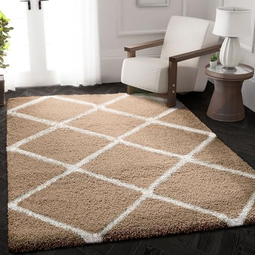 VIMODA Hochflor Shaggy Teppich Rauten Design Creme Beige Modern, Maße:140x200 cm