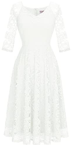 Dressystar Damen Abendkleider Elegant für Hochzeit Cocktailkleid Lang Ärmel Standesamtkleid Weiß XL