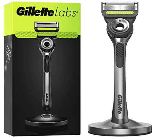 Gillette Labs Rasoir Homme avec Barre Exfoliante, Manche Réutilisable, Noir, Cartouche De Recharge GilletteLabs A 5 Lames De La Marque, Rasage du Visage Confortable, Coffret avec Socle Magnétique