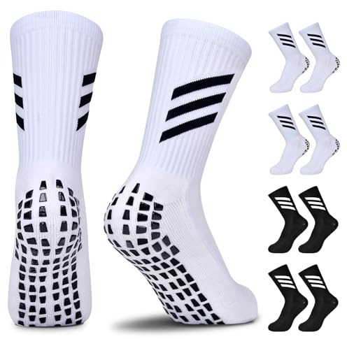 JUYANO Kids Grip Socks Football Socks Boys Girls, 4 Pairs Breathable Grip Socks Junior Anti-slip Athletic Sock for Kids AntiSkid Rubber Pads Sports Sock for Basketball Rugby Tennis Ages 6~12