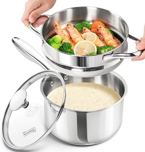 MICHELANGELO 20cm/2.4L Stainless Steel Saucepan with Lid & Steamer Insert, Cooking Pots,Triply Base Stainless Steel Pot Set with Ergonomic Handle, Induction Compatible