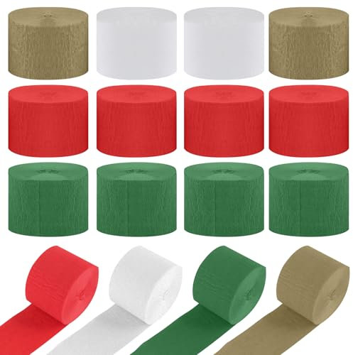 JIANGZHIB 12 Rollen Krepppapier Bunt, Krepppapier 4 Farben, Weiß, Rot, Gold, Dunkelgrün, Party Deko Kreppband, Krepppapier Luftschlangen Für Hochzeiten, Geburtstage, Weihnachtsdekorationen 4.5cm x 25m