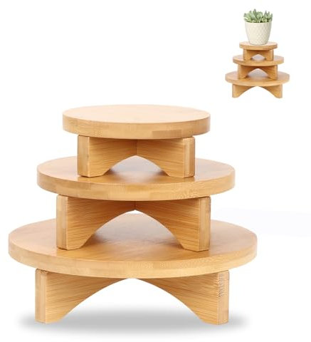 BigKing Wooden Plant Display Stool，3 Sizes, Round Tube Design， Natural Wood Tray for Small Pots and Modern Ceramics， Perfect for Gardens, Homes, Desks, Counters and Room Décor