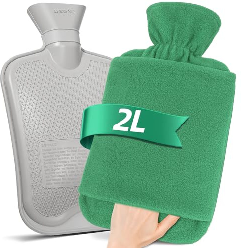 MUPAS Hot Water Bottle with Fleece Cover - 2L Large Leakproof Hot Water Bag - Soft Hot Water Bottle with Hand Pocket - for Hands, Feet, Shoulders, Neck, Abdomen, Legs (Green)