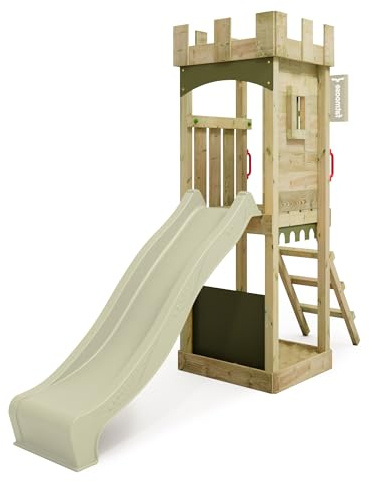 FATMOOSE Spielturm Ritterburg TreasureTower Top XXL mit salbeigrüner Rutsche, Outdoor Kinder Kletterturm mit Sandkasten Leiter & Spiel-Zubehör für den Garten
