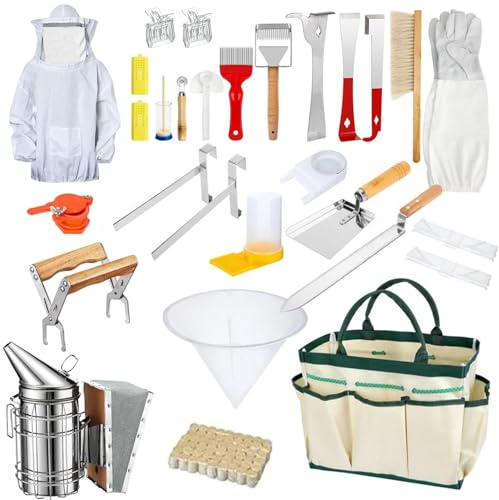 TINMAGI Imker Zubehör, Imkereizubehör, 30-teiliges Imkerei Starter Set, Imkereibedarf mit Organizer-Tasche, J-Haken, Rahmengriff, Starter-Set für Anfänger und Professionelle Imker