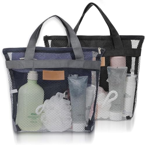 JEYORZY 2 Pcs Sac De Douche, Douche Portable En Maille à Séchage Rapide, Panier Douche à Suspendre, Caddie De Douche Avec Poche, Porte Gel Douche Salle De Bain, Pour Dortoirs, Gym, Natation, Plage