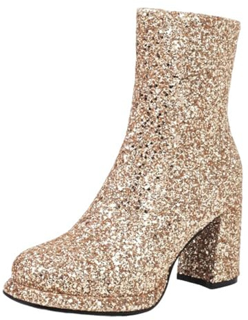 CuteFlats Botines para mujer con purpurina, tacón de bloque de 8 cm y cremallera lateral para fiestas y eventos en 4 colores, dorado, 41 EU