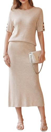 Arach&Cloz Women's 2 Piece Sets 2026 Spring Summer Wool Blend Short Sleeve Knit Top Midi Skirts Matching Set Business Casual Travel Lounge Dress Capsule Wardrobe Outfits (Apricot M)