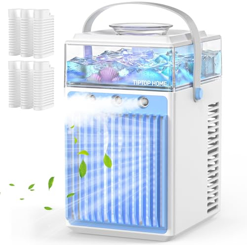 Mini Condizionatore Portatile, 5 in 1 Climatizzatore Portatile Senza Tubo con 3 Velocità, 3 Modalità di Nebulizzazione, Controllo Tramite App e Timer, Silenzioso Evaporativo Ventilatore con Ghiaccio