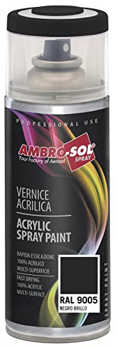 AMBRO-SOL - Pintura acrílica en spray, color Negro Brillo, RAL 9005, resultado profesional en múltiples superficies, exteriores e interiores, 400 ml