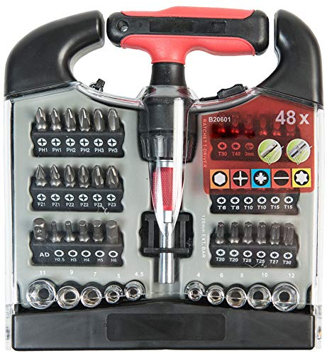 Masidef member of the würth group con:P, Cacciavite a cricchetto con Impugnatura a T e Set di Inserti, 48 pz., B20601