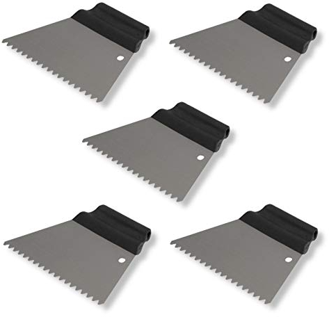 DEWEPRO Set di 5 spatole per colla, spatola trapezoidale, spatola dentata con cucitura per trazione, 3 mm e manico in plastica, larghezza: 180 mm