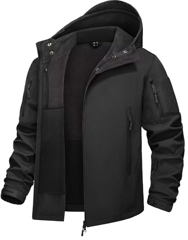 KEFITEVD Softshell Jacke Herren Wasserdicht Winddicht Fleece Gefüttert Jagdjacke Herbst Winter Outdoorjacke Military Hoodie Männer Wanderjacke Schwarz 2XL