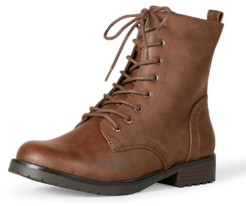 Amazon Essentials Women's Lace-Up Combat Boots with Lug Sole and Side Zipper, Cognac, 5