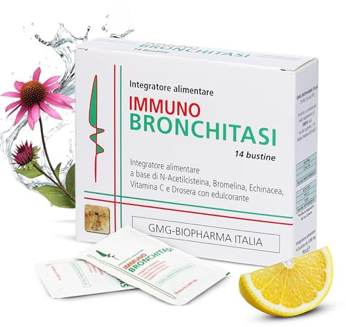 IMMUNO BRONCHITASI Acetilcisteina 600 mg 14 Bustine – Integratore Alimentare per Tosse e Catarro - con Bromelina, Echinacea, Drosera e Vitamina C