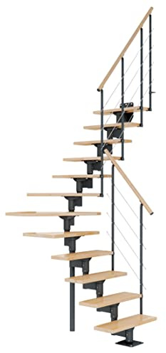 DOLLE Mittelholmtreppe - 11 Stufen - Geschosshöhe 228 – 300 cm - ¼-gewendelt - Buche, lackiert - Unterkonstruktion: Anthrazit (RAL 7016) - volle Stufen 70 cm - inkl. Geländer - Nebentreppe