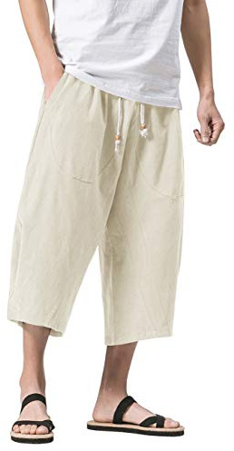 MAGNIVIT Men's Harem Pants Patchwork Loose Linen Harem Capri Pants with Pockets Beige 40