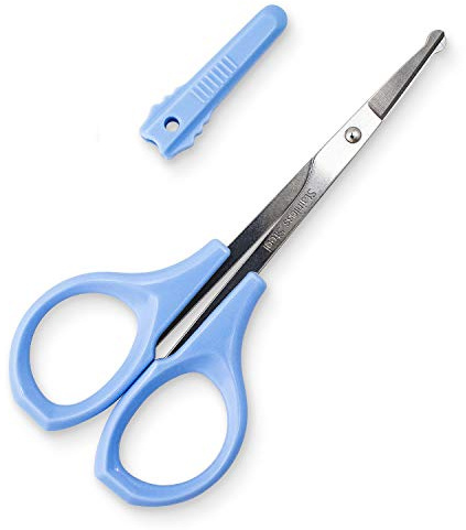 Humbee Eyebrow Scissors, Small Scissors for Facial, Nose, Eyebrow, Mustache, and Beard Hair Trimming & Grooming, Safety Edge, Blue Short Cap