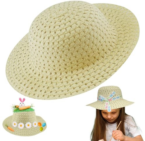 Sombrero de paja de Pascua, gorro de primavera para arte y manualidades, base de color amarillo para decorar sombrero de Pascua para niños, disfraz novedoso, mejor para eventos de Pascua y fiestas,