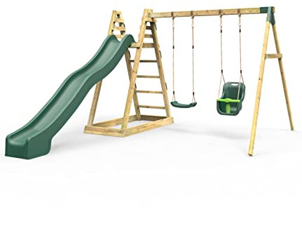 Rebo® Wooden Pyramid Activity Frame with Swings and 8.7ft Water Slide - Cora Linn | OutdoorToys | Kids' Outdoor Wooden Garden Play Equipment, Children's Jungle Gym