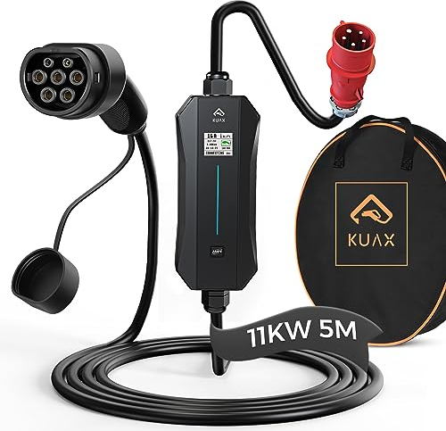 KUAX Typ 2 Ladekabel CEE 11kW mit Display Dreiphasig Elektrofahrzeug Ladekabel | 5 Meter | 6A-16A Stromadapter | IP65 | IEC-62192-2 (Schwarz)