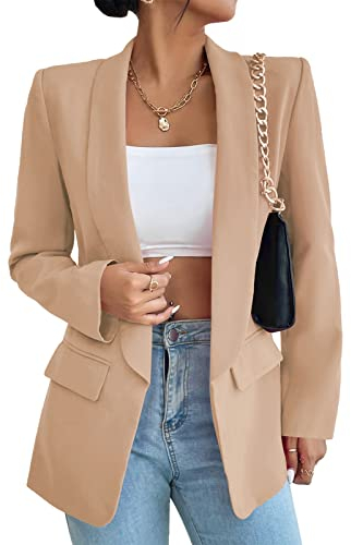 ALSOGO Damen Blazer Langer Casual Open Front Blazer Arbeit Büro Jacken mit Taschen Khaki M