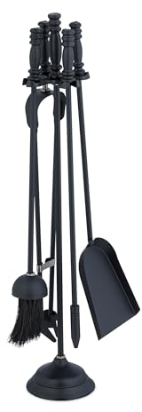 Relaxdays Set da 5 Attrezzi da Camino o Stufa, Attizzatoio, Pala, Scopino, Pinza e Supporto Porta Utensili, Ferro, Nero, 58 x 16 x 16 cm