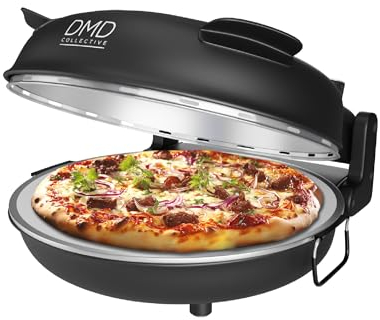 DMD® | 12'' Electric Pizza Oven with Stone Base, Glass Window & 2 Pizza Paddles | Countertop Pizza Maker, Thermostat Control, 15min Timer | Portable Tabletop Oven 1200W