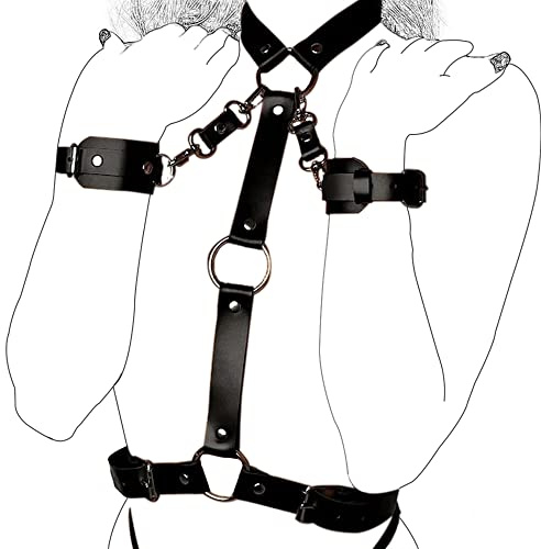 FOCICE Women’s Punk Leather Harness with Body Chest Straps, Adjustable Waist Belt & Bondage Handcuffs – Gothic Faux Leather BDSM Costume Accessories