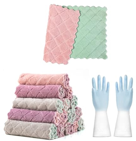 Lot de 15 gants en velours corail, 1 paire de gants de vaisselle, chiffons de nettoyage de cuisine, chiffons en microfibre, chiffons sans huile, à séchage rapide, réutilisables, éponges à récurer