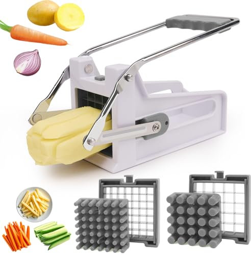 ANJUKE Professional Potato Chipper,Durable Plastic Stainless Steel Chip Cutter with 9mm and 12mm Replacement Blades,Perfect for Homemade French Fries-Gray