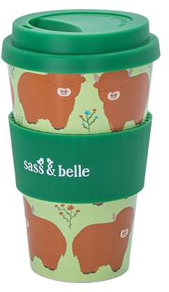 Sass & Belle Highland Cow Travel Coffee Cup - Reusable Cup with Lid, Eco-Friendly Coffee Mug, Lightweight for Hot Drinks – Travel Mug for Work or Home – Fun Gift by Sass and Belle