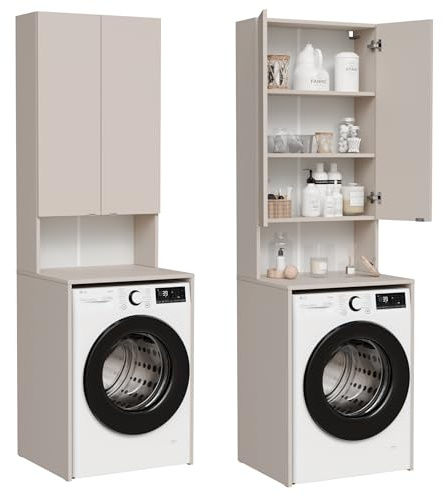 PLATAN ROOM Waschmaschinenschrank Badezimmer Hochschrank Überbauschrank für Waschmaschine und Wäschetrockner 210 x 65 x 50/56 cm weiß (Kaschmir (beige), 56 cm tief)