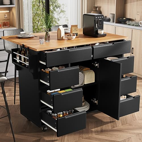 Huayz Isola da Cucina, Moderno Armadio da Cucina, Carrello da Cucina Estensibile con Ruote e Piano di Lavoro, Carrello da Servizio con Portaspezie e 8 Cassetti