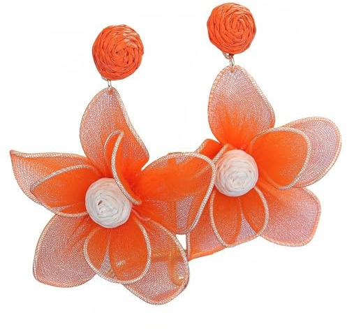 Boucles D'Oreilles Pendantes Bohèmes À Grandes Fleurs pour Femmes, Boucles D'Oreilles Bohèmes Orange En Raphia Tressé À La Main, Bijoux De Plage Tropicaux D'Été Exagérés
