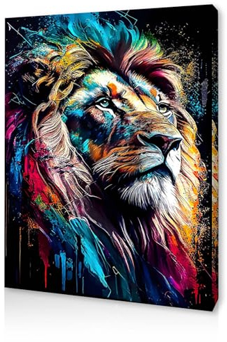 Qiukoo Wall Art – Colourful Abstract Lion Canvas Print for Bedroom, Living Room, Hallway or Stairs, Modern Wall Décor Poster with Pre-Mounted Frame and Hanging Hooks, 12 x 16