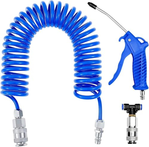 Ausblaspistole Druckluft Set, Lkw Luftpistole Air Duster mit 5M Spiralschlauch, Druckluft Zubehör, Druckluftpistole mit T Stück Schnellkupplung für LKW Auto PKW Boot (Blau)