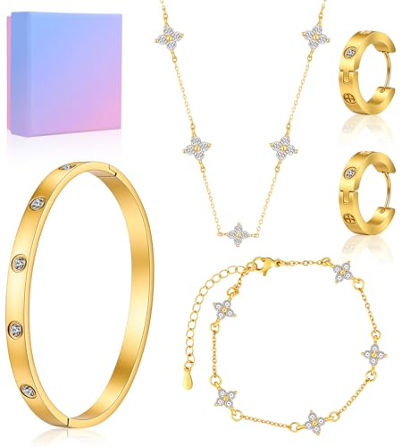 4 Stück Gold Schmuckset Damen, Goldkette Schmuck Set mit Gold Halskette, Armband, Ohrringen & Ohrstecker, ArmbandCubic Zirkonia Armreif, Verstellbares Armband Geschenke Geburtstags für Frauen