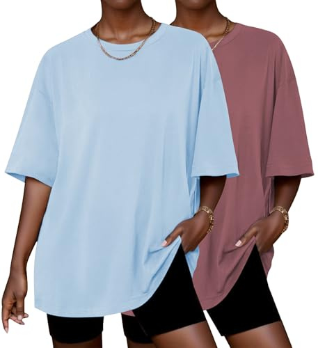 Ekouaer Camisetas Mujer Manga Corta Oversize Basicas Camiseta Pack de 2 Cuello Redondo T-Shirt Verano Primavera Top | Camiseta de manga corta para mujer, ligera, casual, cuello redondo, cómoda camiseta básica, ropa de dormir