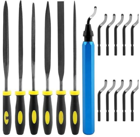 Kit d'outils d'ébavurage avec 10 lames et 6 limes aiguilles pour le travail du bois, métal, plastique, aluminium, acier, poignée rotative à 360° compacte pour limage et ébavurage de précision