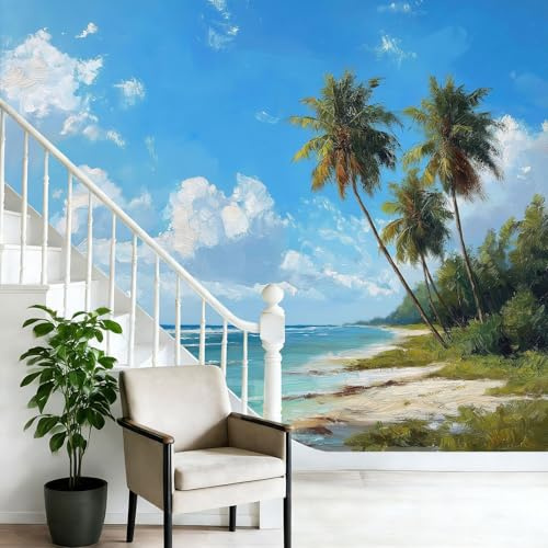 Papel pintado fotográfico no tejido 250 x 175 cm Gigante Póster Pintura Al Óleo Natural Playa Tropical Decoración, Azul Decoración de pared de papel tapiz panorámico 3D