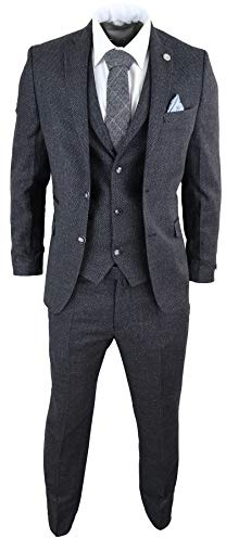 Mens Wool 3 Piece Suit Tweed Charcoal Black Tailored Fit Classic