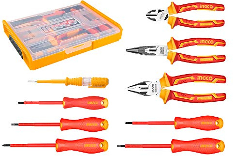 INGCO 9Pcs 1000V VDE Insulated Hand Tools Set with 5Pcs Insulated Screwdriver and 3Pcs Insulated Plier Set 1Pcs Test Pencil HKTV01H091